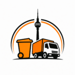 Logo von entruempelung.net mit Mülltonne, LKW und Berliner Fernsehturm in Orange und Schwarz